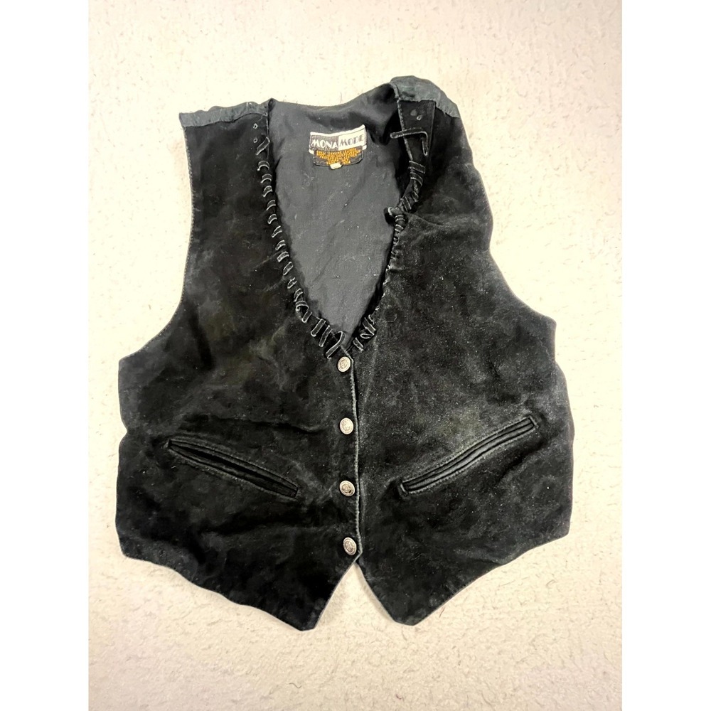 Vintage Mona Mode Suede Leather Vest Womens Small Black Western Distressed